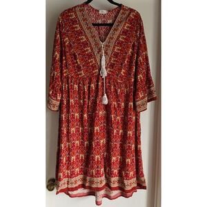 Pinup Fashion Womens Dress 18W Long Sleeve Red Floral 70s Style Retro Hippie
